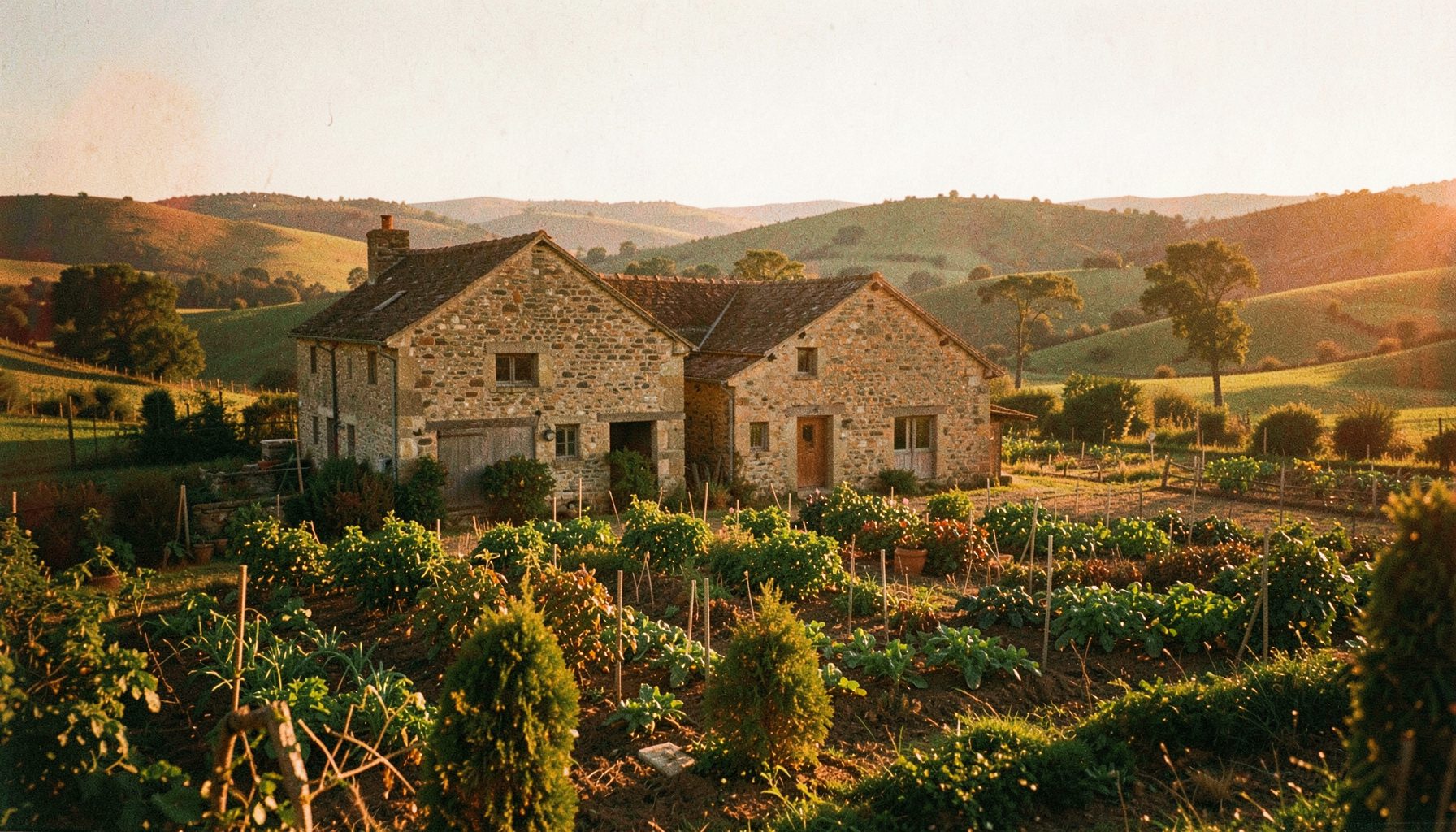 Rural farmstead with traditional stone buildings, vegetable gardens, and rolling hills beyond, warm golden-hour light